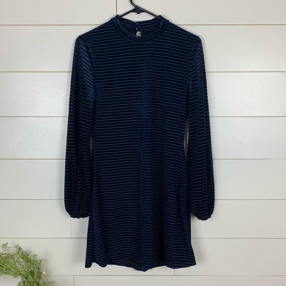 Lulus Navy Blue Striped Velvet Long Sleeve Dress - Picture 3 of 8
